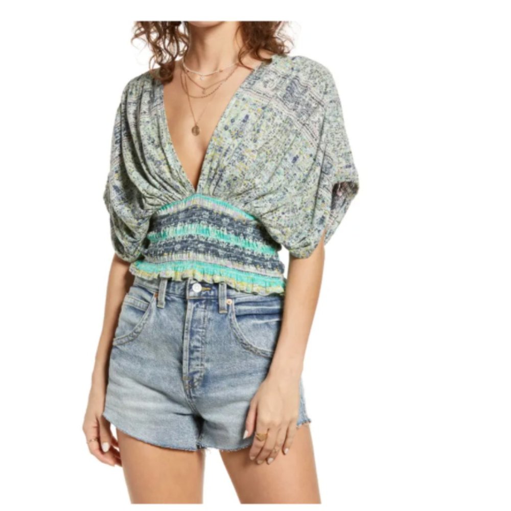 Free People Smocked Elastic V-Neck Blouse Blue
